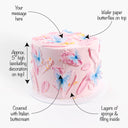 Free From Butterfly Cake with labels showing the pink buttercream, wafer butterflies and message space