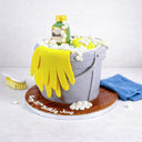 Cleaning Bucket Cake made to look like a cleaning bucket, with sugar rubber gloves, a sponge and a bleach bottle