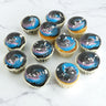 Galaxy Cupcakes with purple and blue swirled buttercream, star sprinkles and sugar pearls