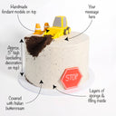 Digger Cake with labels showing the fondant digger, traffic cones, stop sign and message space