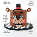 Five Nights at Freddy's Cake with labels showing the fondant bear head and message space