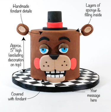 Five Nights at Freddy's Cake with labels showing the fondant bear head and message space