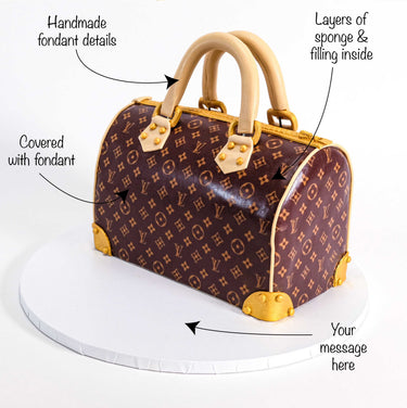 Monogram Handbag Cake with detailed fondant print, gold clasps and handles