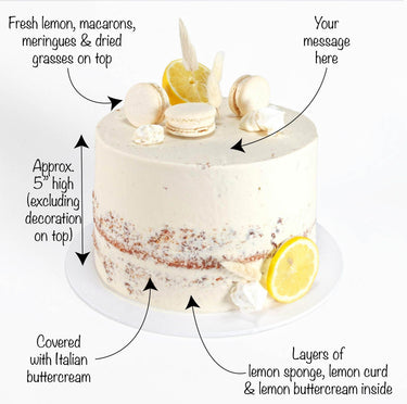 Lemon Drizzle Cake with labels showing the lemon sponge, curd, buttercream, toppings and message space