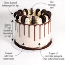 Oreo Cake with labels showing the chocolate sponge, Oreo buttercream, drip and toppings