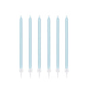 Six pale blue taper cake candles with clear holders