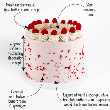 Raspberry White Chocolate Cake with labels showing the vanilla sponge, raspberry layers and toppings