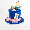 Alice in Wonderland Cake shaped like a hat, with sugar mushrooms and Alice themed decorations