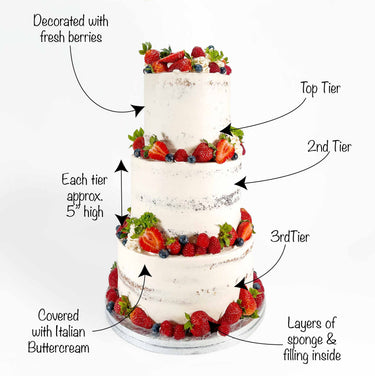 Three tier Fresh Berry Wedding Cake with semi naked buttercream, fresh berries and rosettes