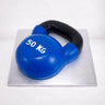 Gym Cake made to look like a blue 50 kg kettlebell with a black handle