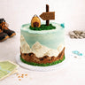 Hiking Cake with buttercream mountains, a fondant rucksack and signpost, made for a 50th birthday