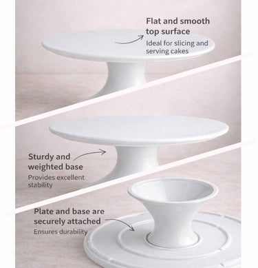 White ceramic cake stand with a weighted base, for cakes up to 10 inches