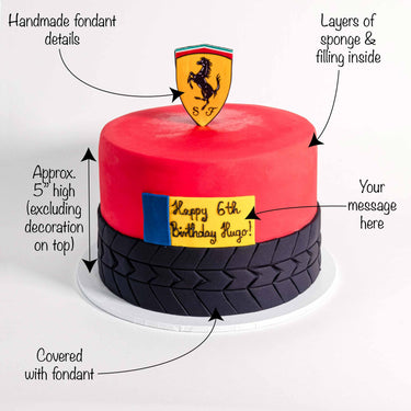 Two tier Car Cake with labels showing the red fondant, tyre tread, shield topper and birthday plaque