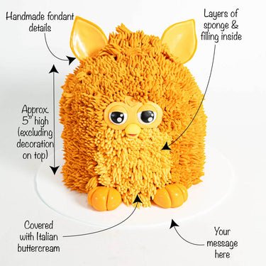 Furby Cake with labels showing the piped buttercream fur, fondant features and message space