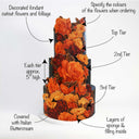Three tier Floral Cutout Wedding Cake with labels showing the black finish and orange sugar flowers
