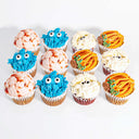 Halloween Cupcakes with piped brain, monster, mummy and pumpkin designs