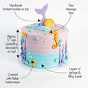 Mermaid Cake with labels showing the ombre buttercream, mermaid tail, seahorse, shells and message space