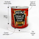 7 inch tall Soup Can Cake with labels showing the fondant tin and sponge layers