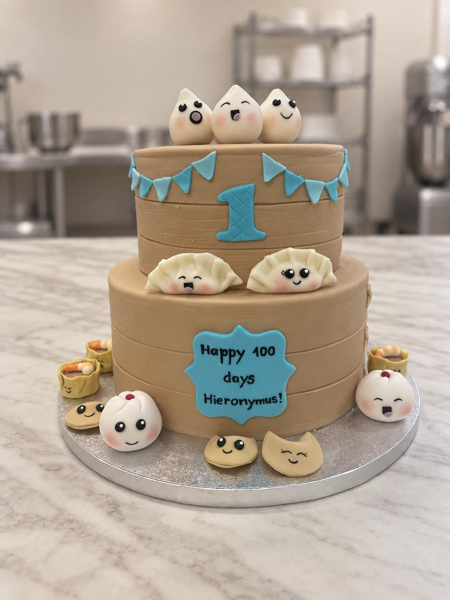 Two-tier dim sum cake styled as bamboo steamers with smiling dumplings, blue bunting and a Happy 100 days plaque