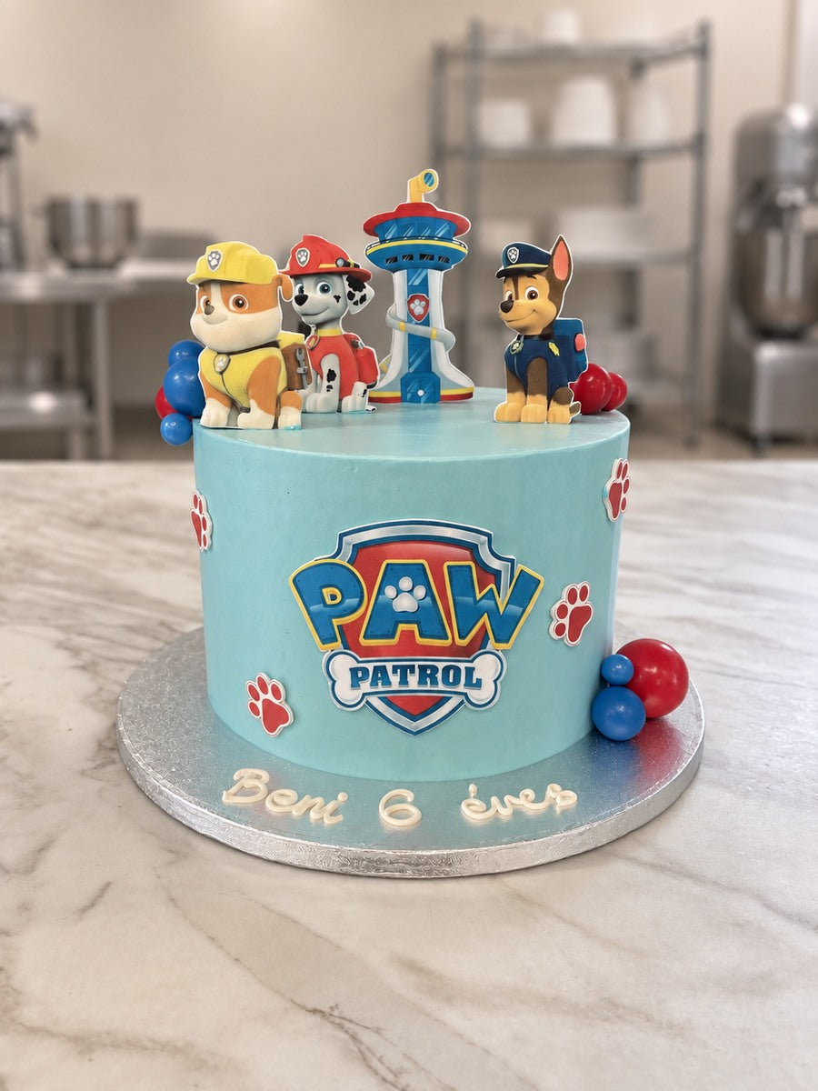 Pale blue Paw Patrol birthday cake with Chase, Marshall and Rubble toppers, the lookout tower and red paw prints