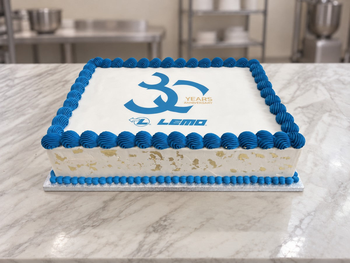 Rectangular white corporate cake with LEMO 30 years anniversary logo, blue piped border and gold leaf on the sides