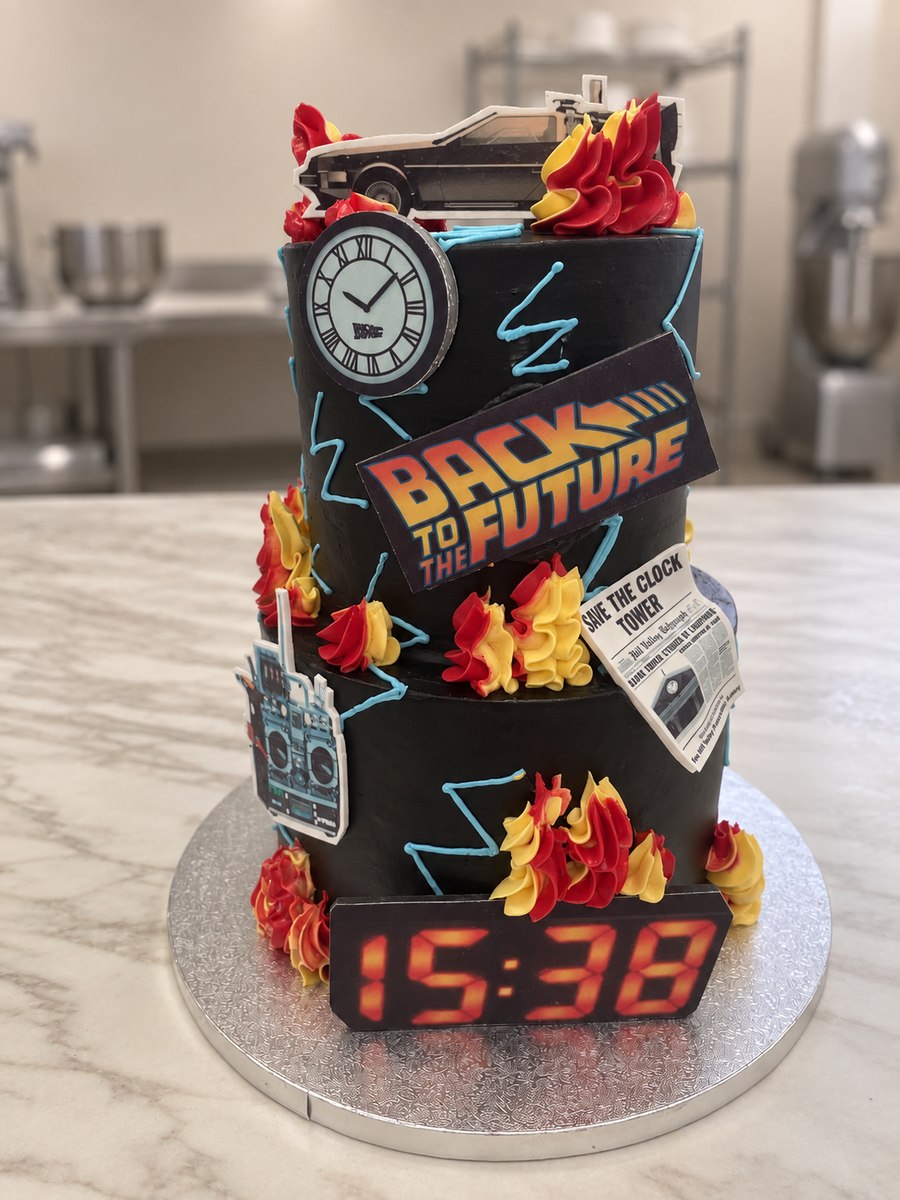 Black two-tier Back to the Future birthday cake with DeLorean topper, red and yellow buttercream flames and a 15:38 clock