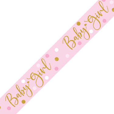 Pink Baby Girl banner with gold script and polka dots