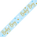 Pale blue Baby Boy banner with polka dots and gold glitter script