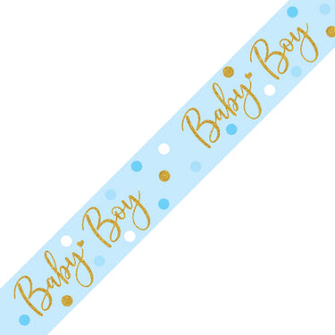 Pale blue Baby Boy banner with polka dots and gold glitter script