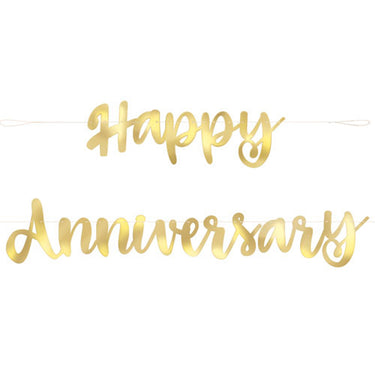 Gold foil Happy Anniversary banner in script lettering