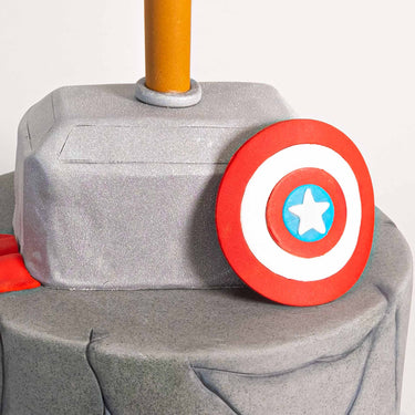 Free From stone effect Marvel Avengers Cake with Thor's hammer and Captain America's shield