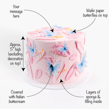 Butterfly Cake with labels showing the pink buttercream, wafer butterflies, gold pearls and message space