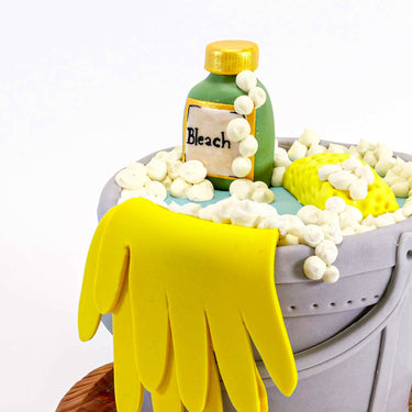 Cleaning Bucket Cake with sugar paste rubber gloves, sponge and mini bleach bottle