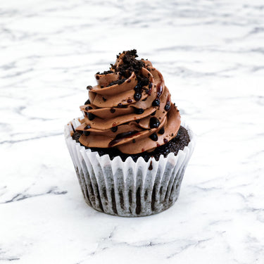 Vegan Chocolate Cupcake with chocolate buttercream, chocolate sauce and chocolate crumbs