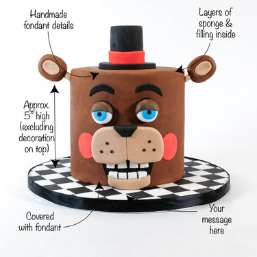 Free From Five Nights at Freddy's Cake, a fondant bear head on a chequered board