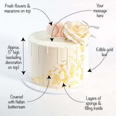 Gold Leaf Cake with labels showing the fresh flowers, macarons, white chocolate drip and gold leaf