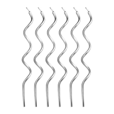 Pack of 12 silver curly cake candles, 12.5cm tall
