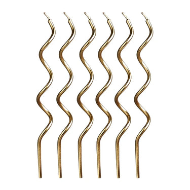 Pack of 12 gold curly cake candles, 12.5cm tall