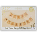 Happy Birthday bunting with gold foil letters on kraft flags and pom poms