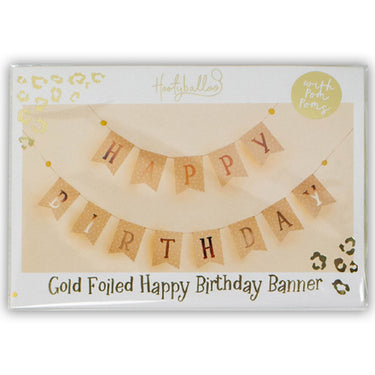 Happy Birthday bunting with gold foil letters on kraft flags and pom poms