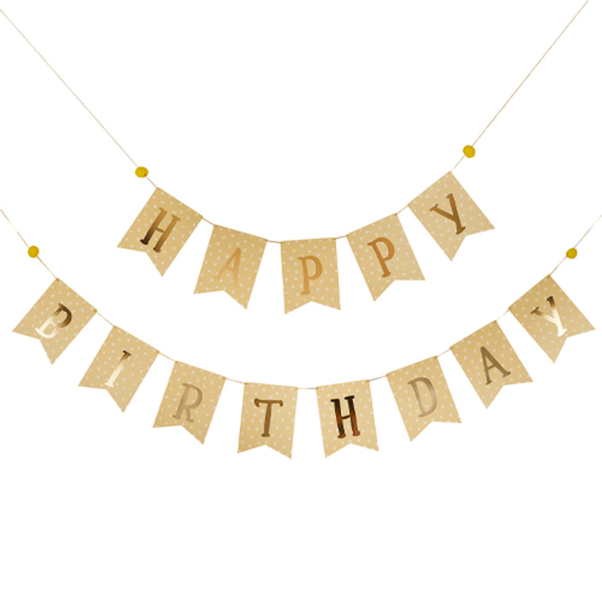 Happy Birthday bunting with polka dot flags and gold foil letters