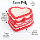 Frilly Heart Cake with labels showing the red and white piped frills and space for a message