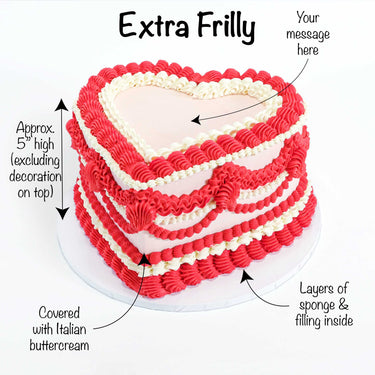 Frilly Heart Cake with labels showing the red and white piped frills and space for a message