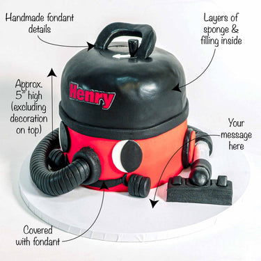 Henry Hoover Cake with labels showing the fondant handle, hose and message space