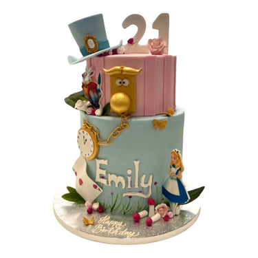 Custom two tier Alice in Wonderland 21st birthday cake with a Mad Hatter hat and White Rabbit