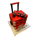 Custom 18th birthday cake made to look like red tool cases with a cordless drill on top
