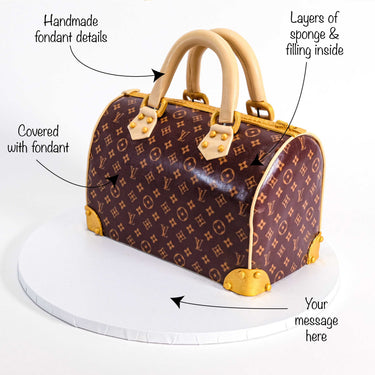 Monogram Handbag Cake with detailed fondant print, gold clasps and handles