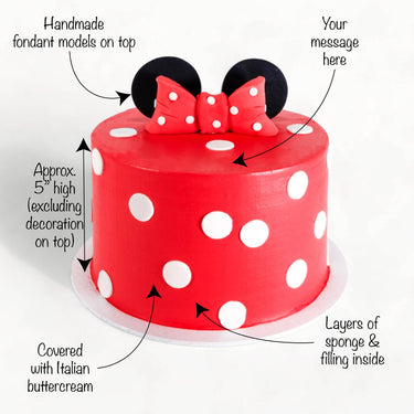 Minnie Mouse Cake with labels showing the red buttercream, polka dots, bow, ears and message space