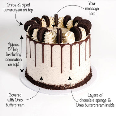 Oreo Cake with labels showing the chocolate sponge, Oreo buttercream, drip and toppings