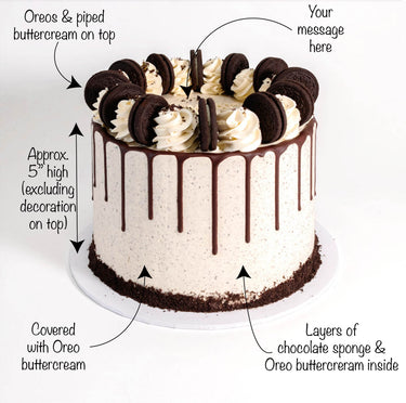 Vegan Free From Oreo Cake with labels showing the chocolate sponge, Oreo buttercream, drip and message space